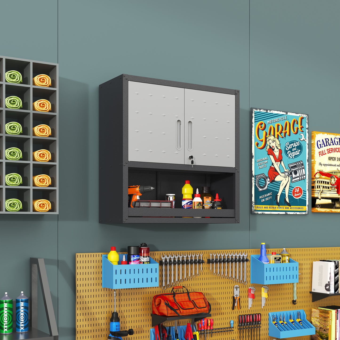 Metal Wall Tool Cabinet - 29.5" Gray Locking Doors & Drawer