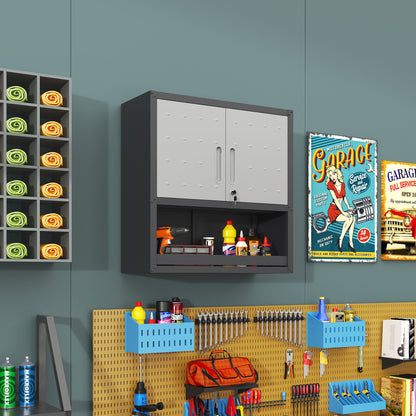 Metal Wall Tool Cabinet - 29.5" Gray Locking Doors & Drawer