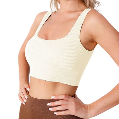 XL Size White Yoga Basic Ribbed Knit Crisscross Back Crop Sports Tank Top, Breathable, Removable Cups, Cute Gym Wear  Seamless Sports Bra Exercise Athletic Activewear Workout