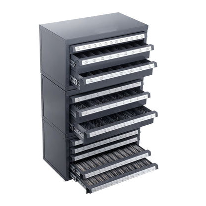 Drill Bit Dispenser Cabinet, 3 Pieces Three-Drawer for 1/16" to 1/2" & Letter Sizes A to Z, Five-Drawer Drill Bit Organizer for Wire Gauge Sizes #1 to #60, Stackable for Drill Bit Storage