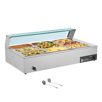 Commercial Food Warmer, 1500W Electric Stainless Steel Steam Food Warmer with Glass Cover, 9-Pan Countertop Buffet Bain Marie with Soup & Perforated Ladles, for Catering, Restaurant & Party