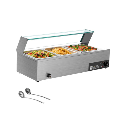 Commercial Food Warmer 3-Pan 1500W Buffet Bain Marie with Glass Cover