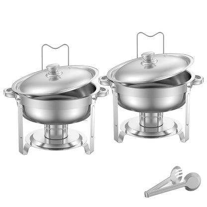 5 Qt 2 Pack Round Chafing Dish Buffet Set Full-Size Pan Stainless Steel Silver
