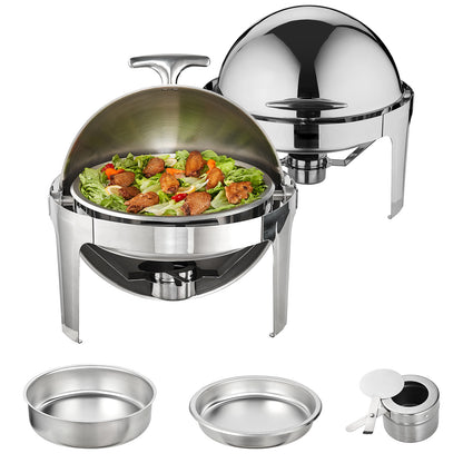 Roll Top Chafing Dish Buffet Set, 6 Qt 2 Pack, Stainless Steel Chafer with 2 Full Size Pans, Round Catering Warmer Server with Lid Water Pan Stand Fuel Holder, for at Least 5 People Each