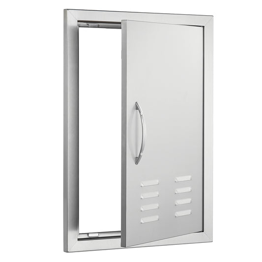 BBQ Access Door, 17W x 24H Inch Single Outdoor Kitchen Door, Stainless Steel Flush Mount Door, Wall Vertical Door with Handle, Vents and Hook, for BBQ Island, Grilling Station, Outside Cabinet
