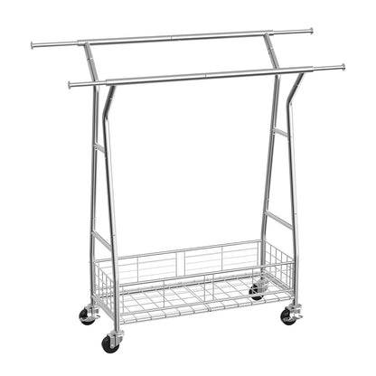 Clothes Rack, Rolling Clothing Garment Rack with 2 Hanging Rods and Storage Basket, 330 lbs Load Capacity, Extendable Carbon Steel Clothing Racks with Wheels for Bedroom, Laundry, Living Room