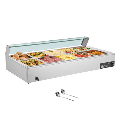 Commercial Food Warmer, 1700W Electric Stainless Steel Steam Food Warmer with Glass Cover, 10-Pan Countertop Buffet Bain Marie with Soup & Perforated Ladles, for Catering, Restaurant & Party