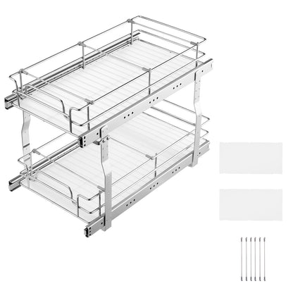 2-Tier 12"Wx21"Dx15"H Wire Pull Out Cabinet Under Sink Organizer Drawer Basket, 13.5"Wx22"Dx18"H Install Size for Cabinet