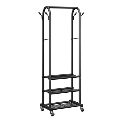 Clothes Rack, Rolling Clothing Garment Rack with Hanging Rod and Side Hooks, 3 Storage Shelves, 99 lbs Load Capacity, Heavy Duty Carbon Steel Clothing Racks for Bedroom, Laundry, Living Room
