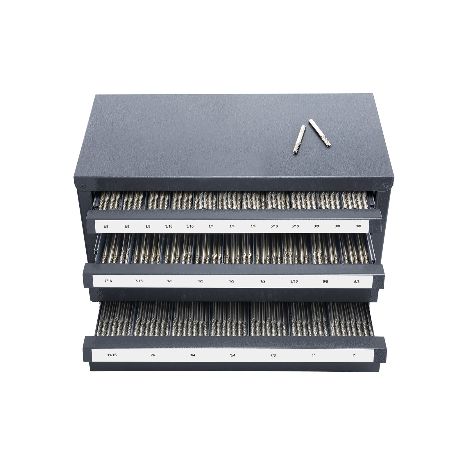 End Mill Dispenser Cabinet, Three-Drawer End Mill Organizer Cabinet for 1/8" to 1", Steel End Mill Dispenser Organizer Cabinet with Labels, 29-Compartment Stackable for End Mill Storage