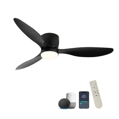 52" Smart Flush Mount black Ceiling Fans with Lights Remote,Quiet DC Motor,Outdoor Indoor Low Profile Ceiling Fan,Control with WIFI Alexa App,Dimmable,ABS blades,for Modern Bedroom Patio