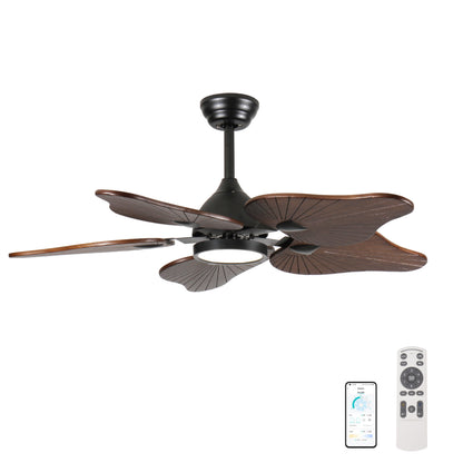 44-Inch Ceiling Fan with Light, 5 Solid Wood Blades, DC Motor, APP & Remote Control, Dimmable Full-Spectrum LED, Reversible Airflow, for 15x15 ft Living Room Bedroom, Works on Sloped Ceilings (<15°)