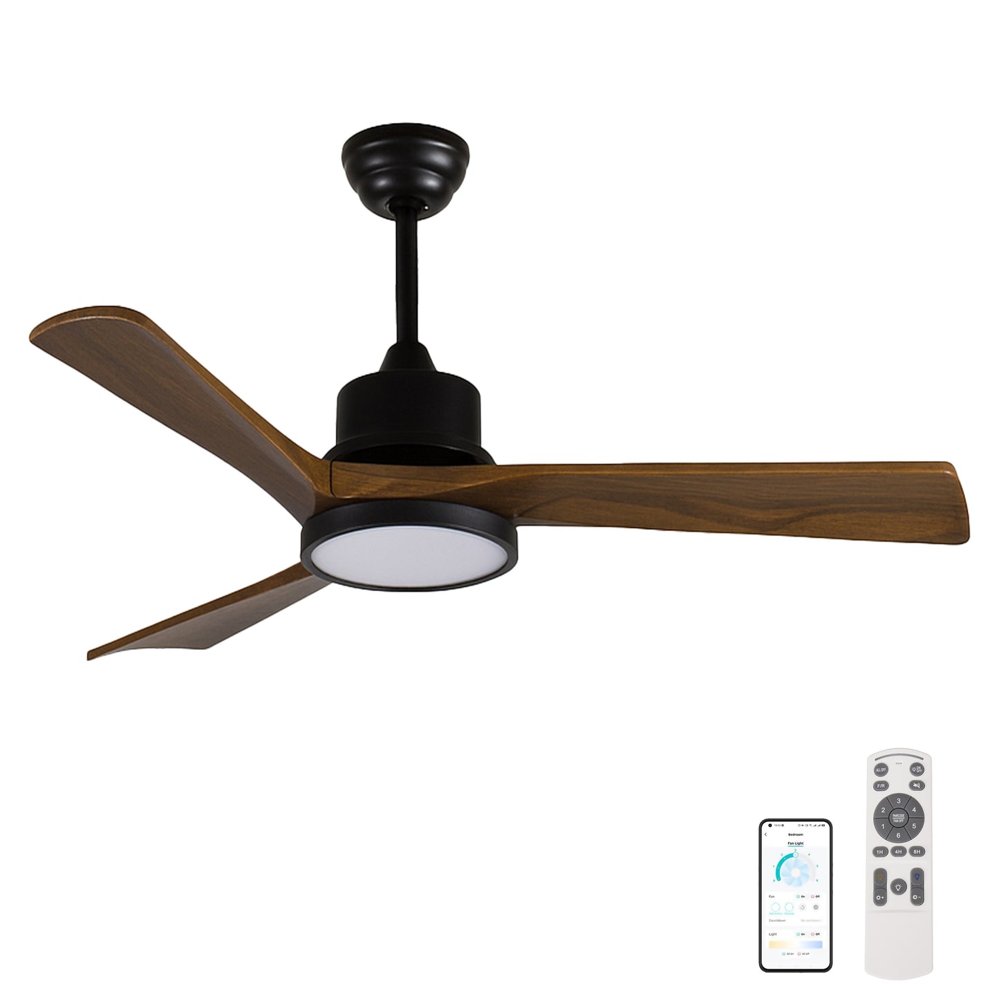 42-Inch Ceiling Fan with Light, Solid Wood Blades, 2 Downrods for Sloped Ceiling ≤15°, Quiet Reversible DC Motor, APP & Remote Control, 6 Speeds, Timer, Dimmable Full-Spectrum LED, for Bedroom