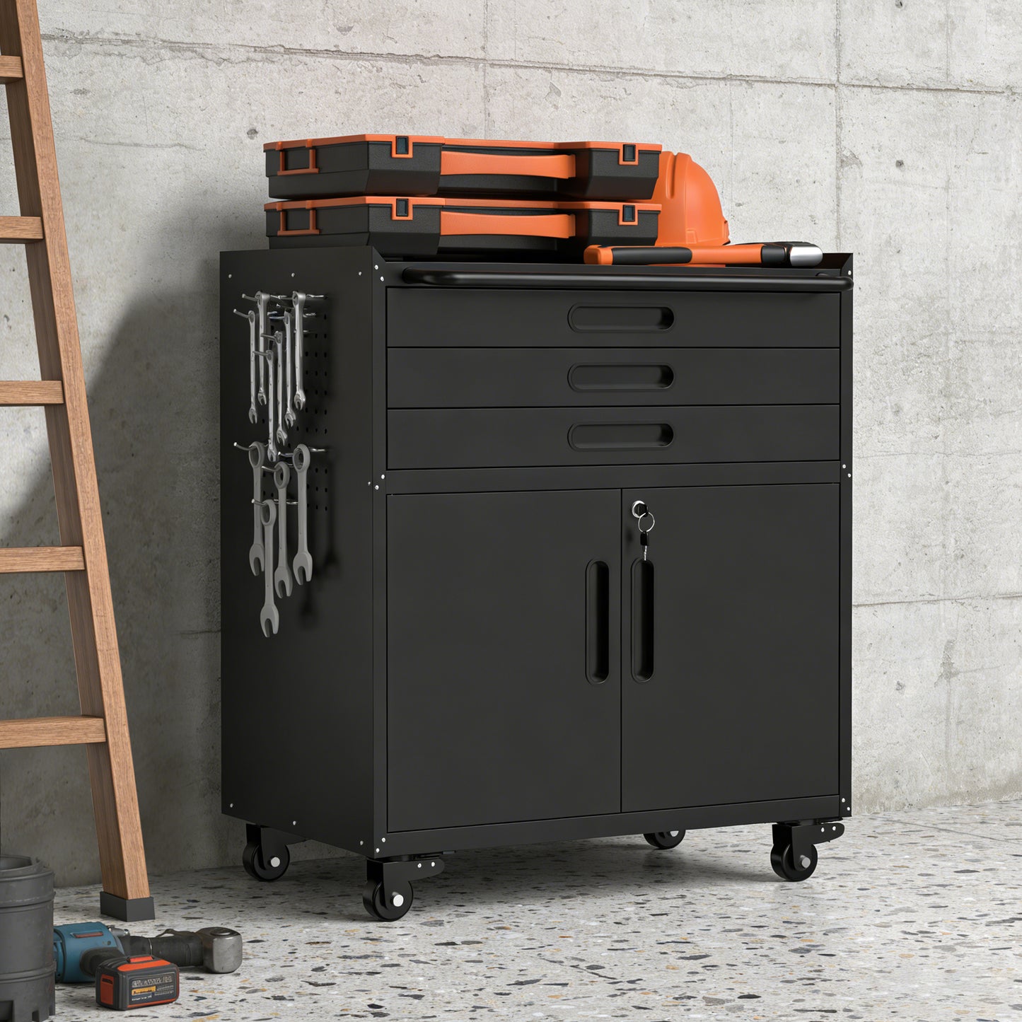 Black Metal Tool Cabinet - 29.5" Rolling Workbench Organizer