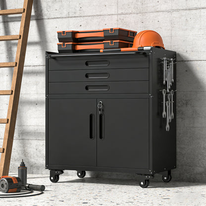 34.3" Rolling Metal Tool Cabinet - Heavy Duty Garage Storage with Lockable Doors & 3 Drawers, Mobile Workbench Organizer for Garage, Workshop, Home