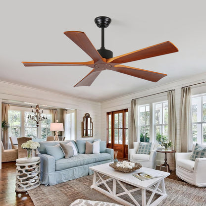 52 Inch Ceiling Fans and Remote, Wood Indoor Outdoor Ceiling Fan  for Patios Living Room Bedroom 5 Blades DC Motor Mid Century Modern Wooden Fan