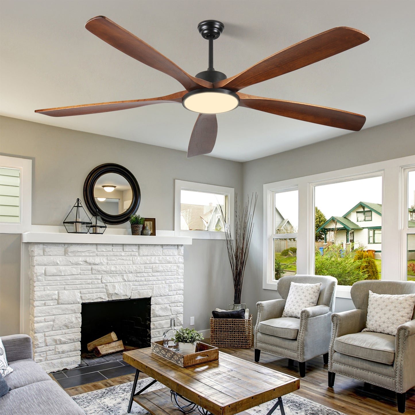 72-inch Large Outdoor Ceiling Fan with Remote Control and Light with Three-Color Dimming, 5 Reversible Wooden Blades, Modern Garden, Patio, Farmhouse, Living Room and Bedroom Ceiling Fan