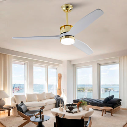 52 Inch White and Gold Ceiling Fans with Lights and Remote, 3 Solid Wood Blades, 6 Speeds, Quiet DC Motor, Dimmable LED, Modern Gold Ceiling Fan for Indoor Bedroom,Living Room,Patio