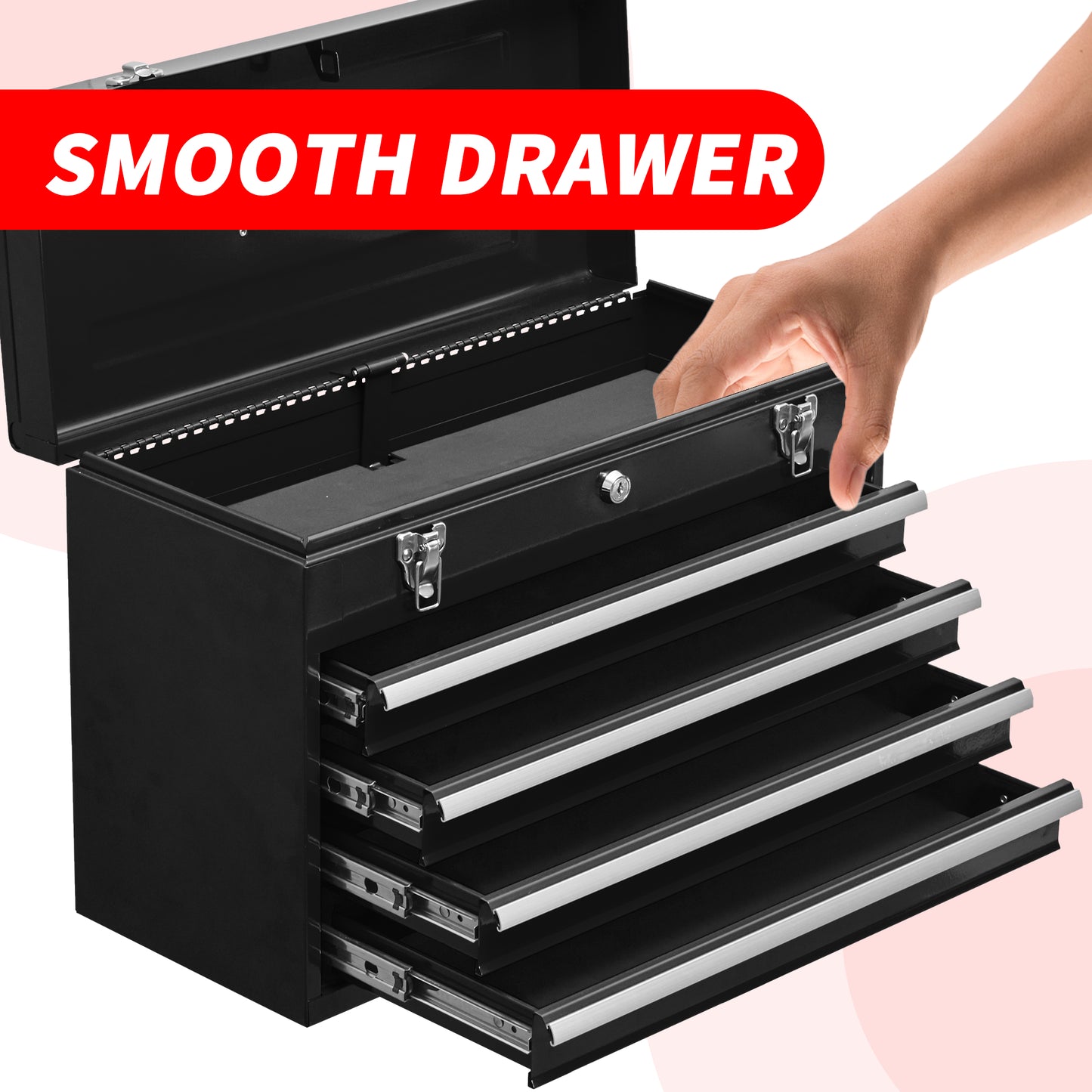 Metal Tool Box with 4 Drawers - Black Portable Steel Chest