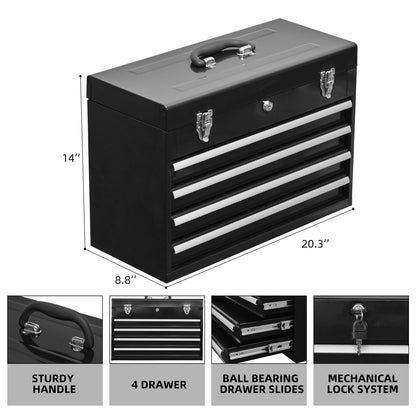 Metal Tool Box with 4 Drawers - Black Portable Steel Chest