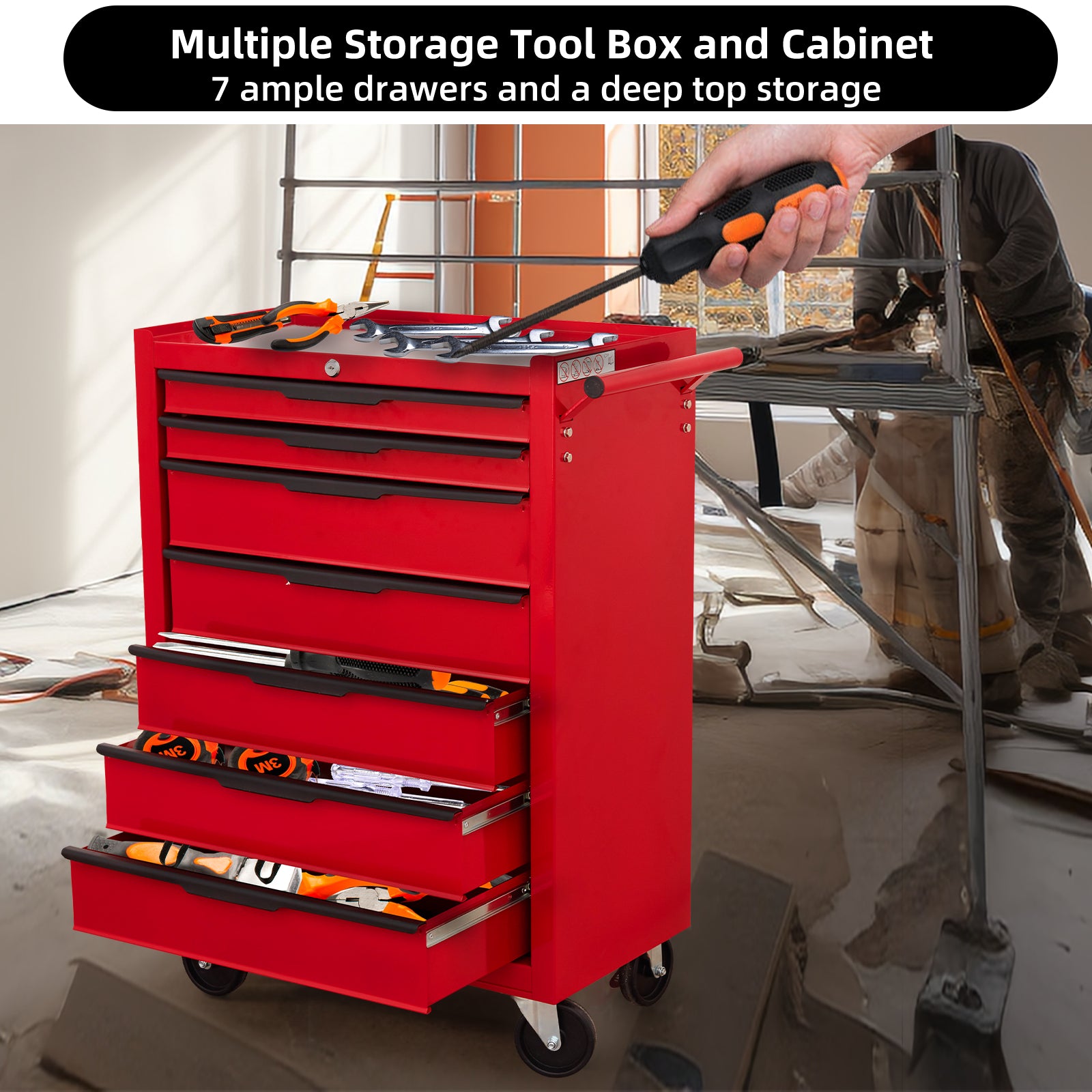 7-Drawer Rolling Tool Cabinet - Red Carbon Steel