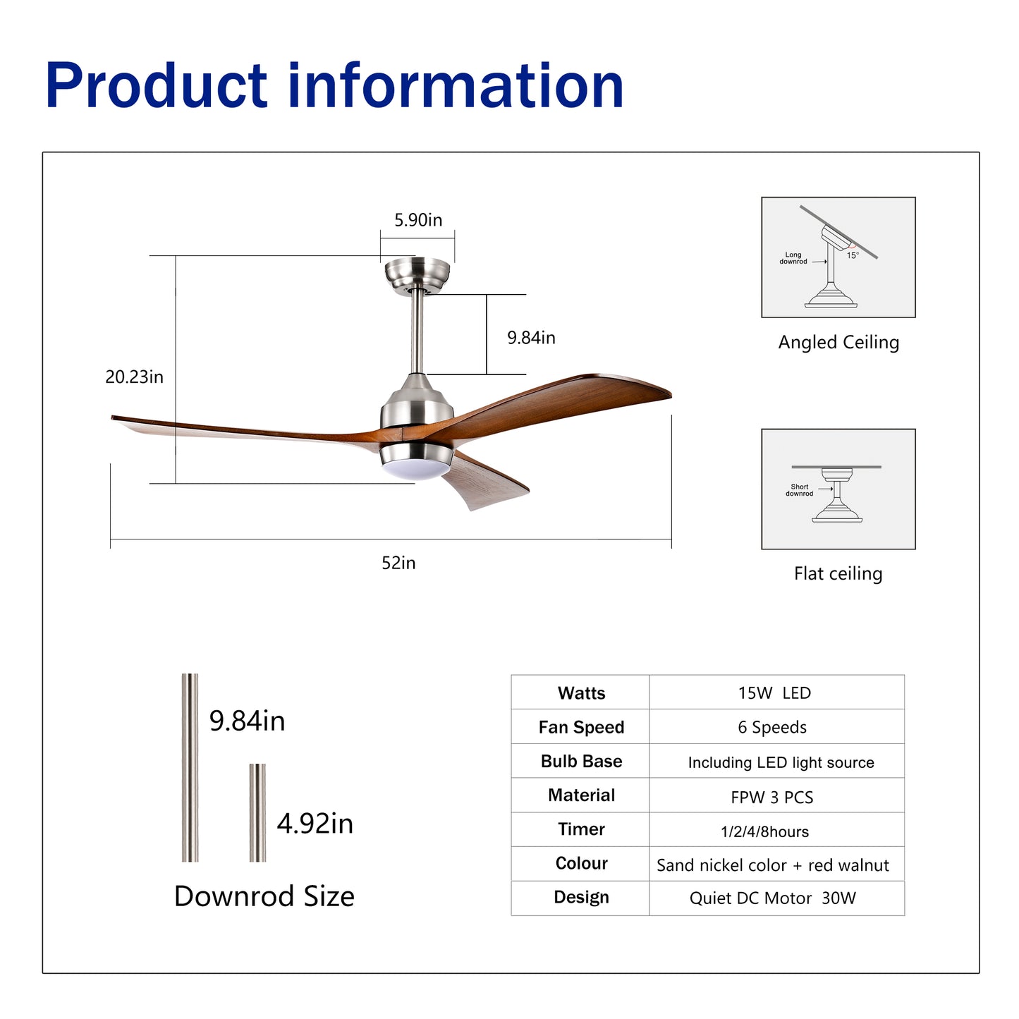 52" Solid Wood Blades Ceiling Fan with Lights - Remote Control, Quiet DC Motor