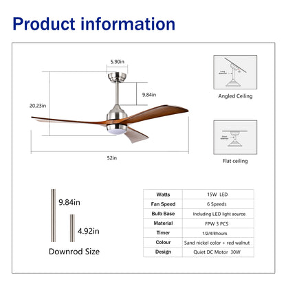 52" Solid Wood Blades Ceiling Fan with Lights - Remote Control, Quiet DC Motor