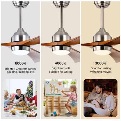 52" Solid Wood Blades Ceiling Fan with Lights - Remote Control, Quiet DC Motor