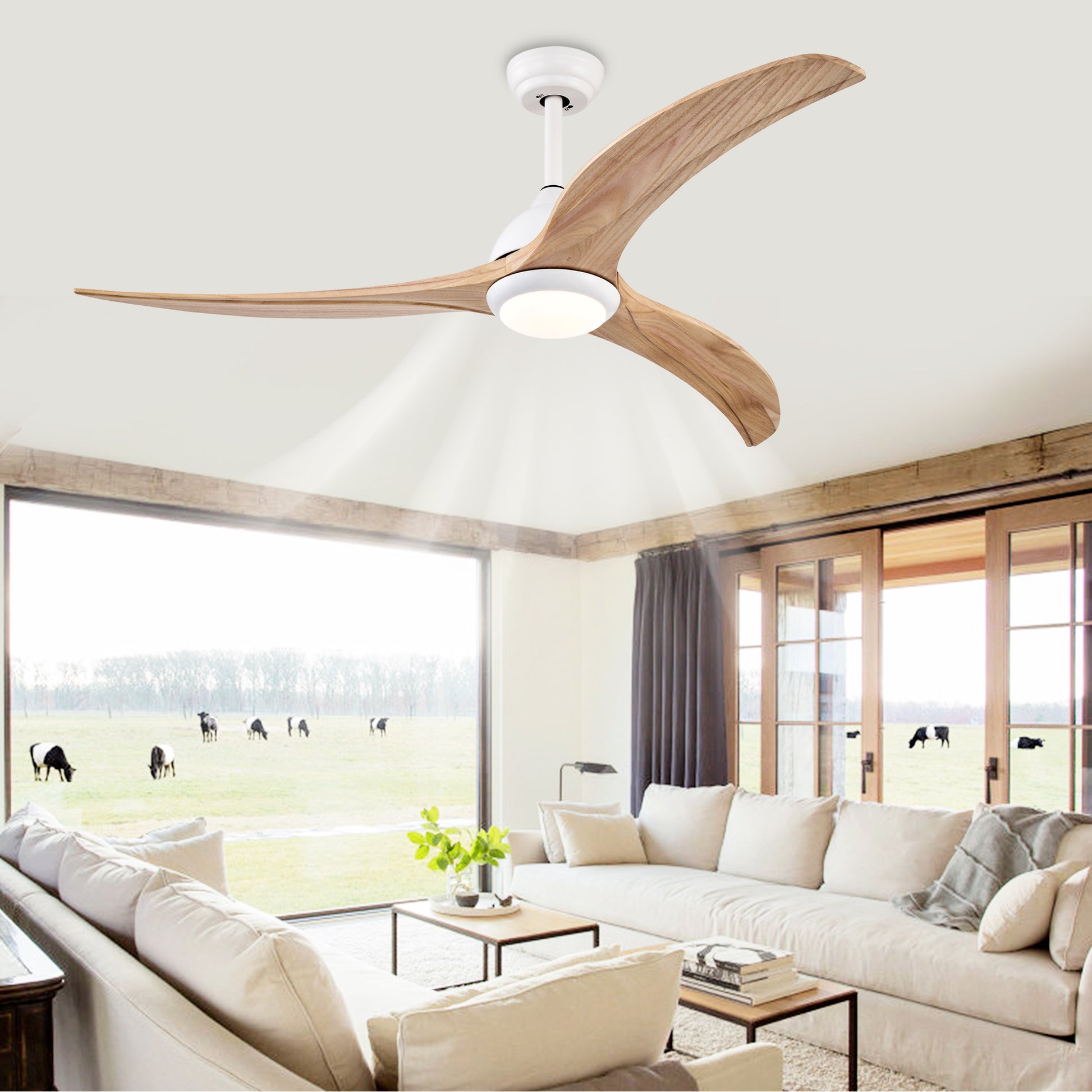 52" Solid Wood Blades Ceiling Fan - Indoor Outdoor with Remote Control