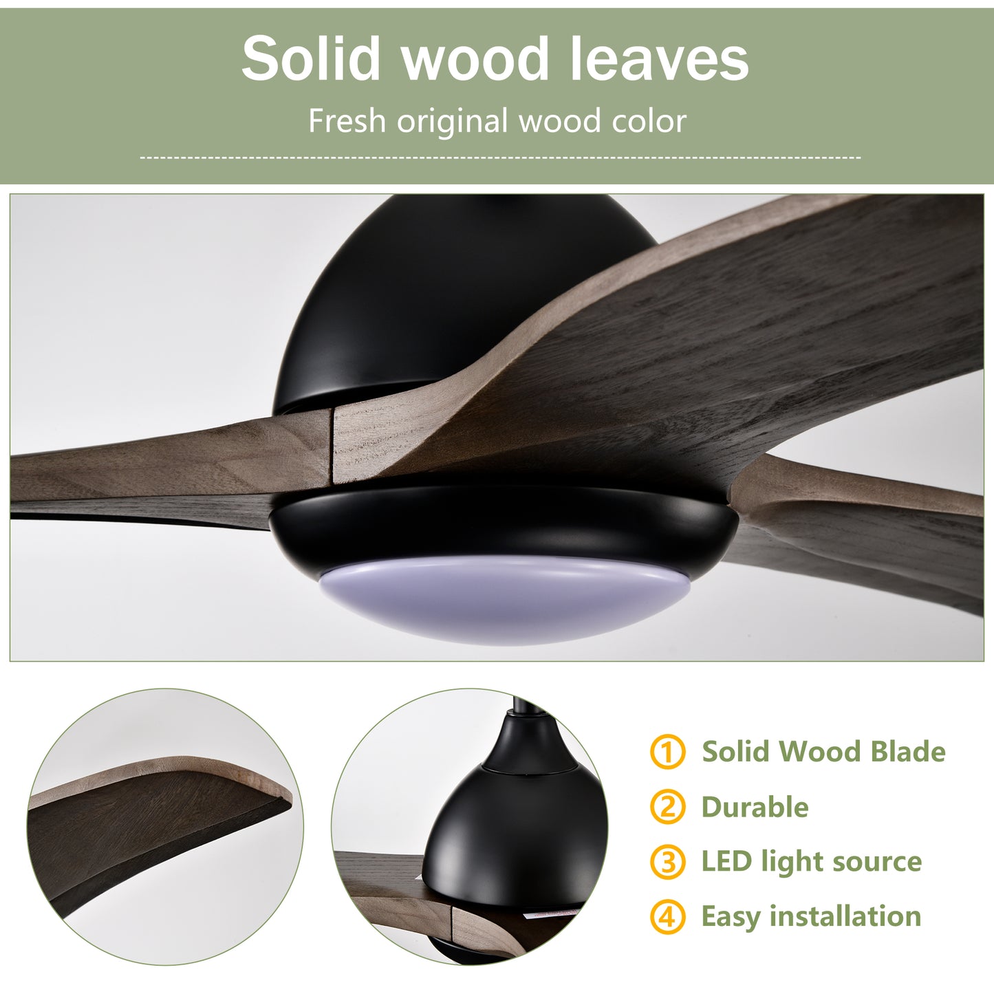 52" Solid Wood Blades Ceiling Fan - Matte Black