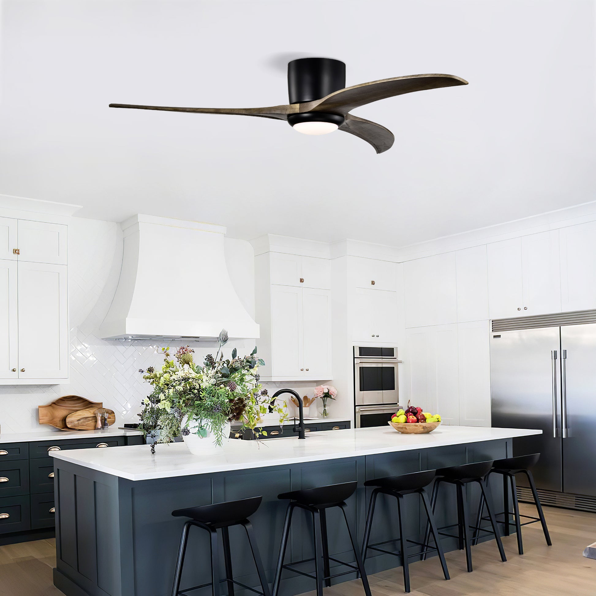 52" Solid Wood Flush Mount Ceiling Fan with Lights - Matte Black