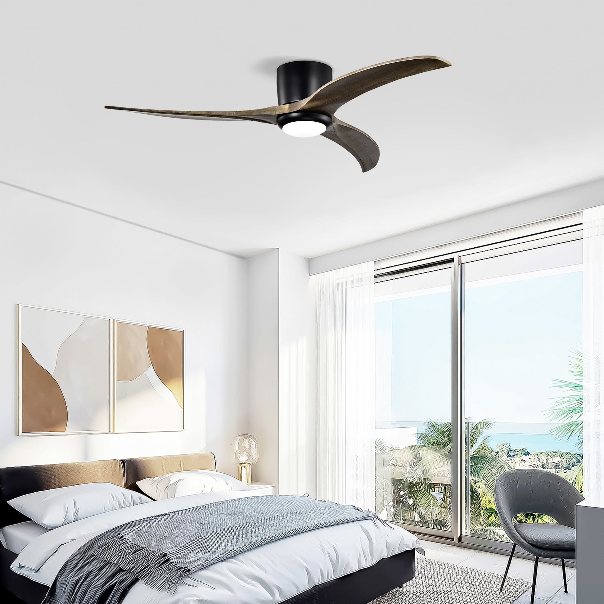 52" Solid Wood Flush Mount Ceiling Fan with Lights - Matte Black