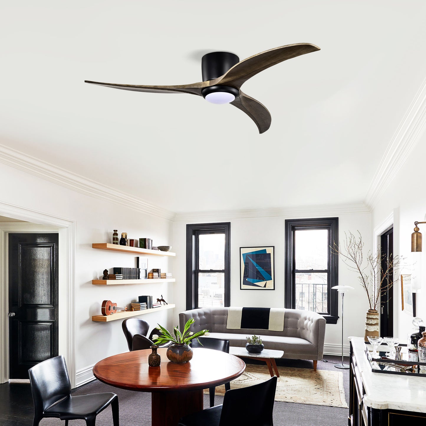 52" Solid Wood Flush Mount Ceiling Fan with Lights - Matte Black
