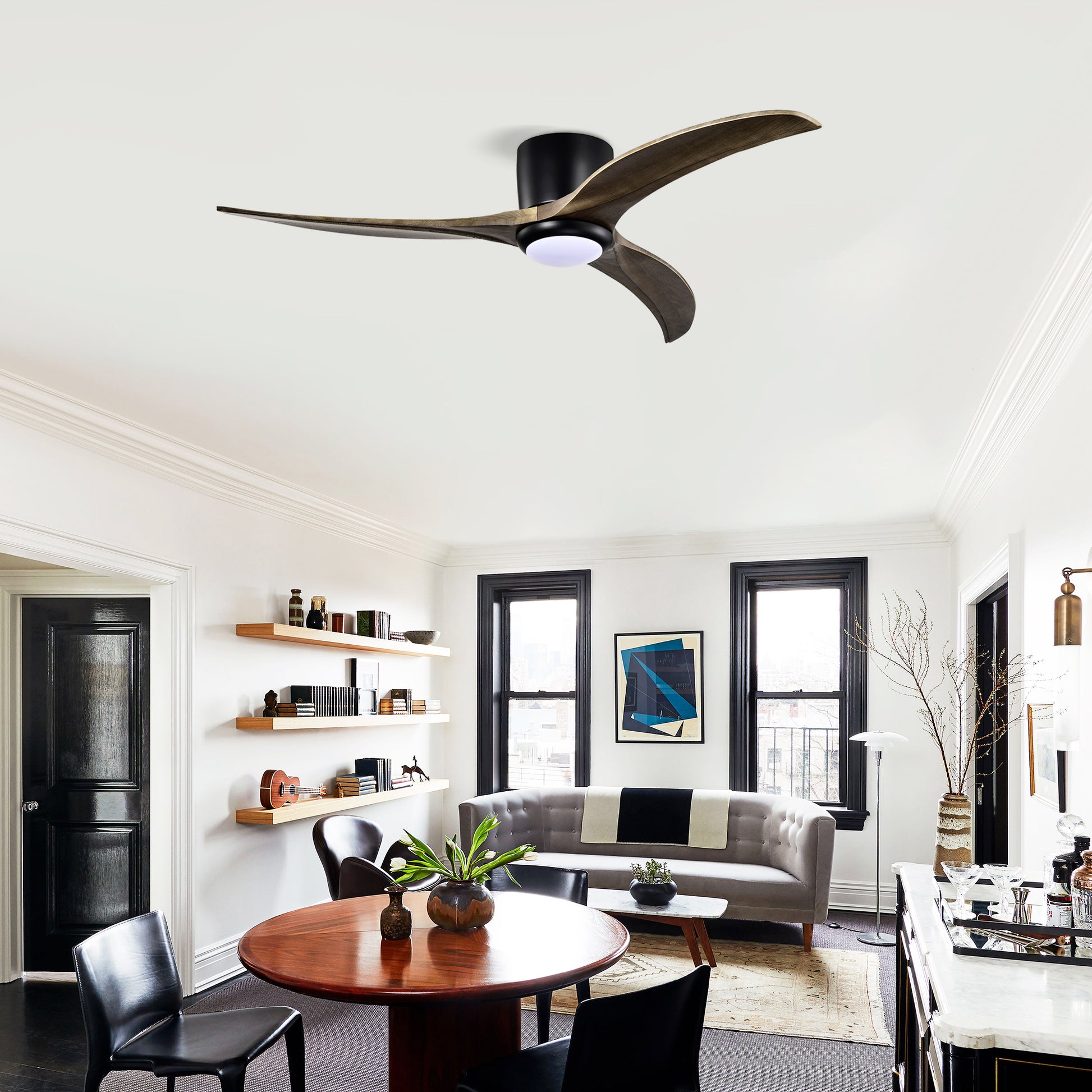52" Solid Wood Flush Mount Ceiling Fan with Lights - Matte Black