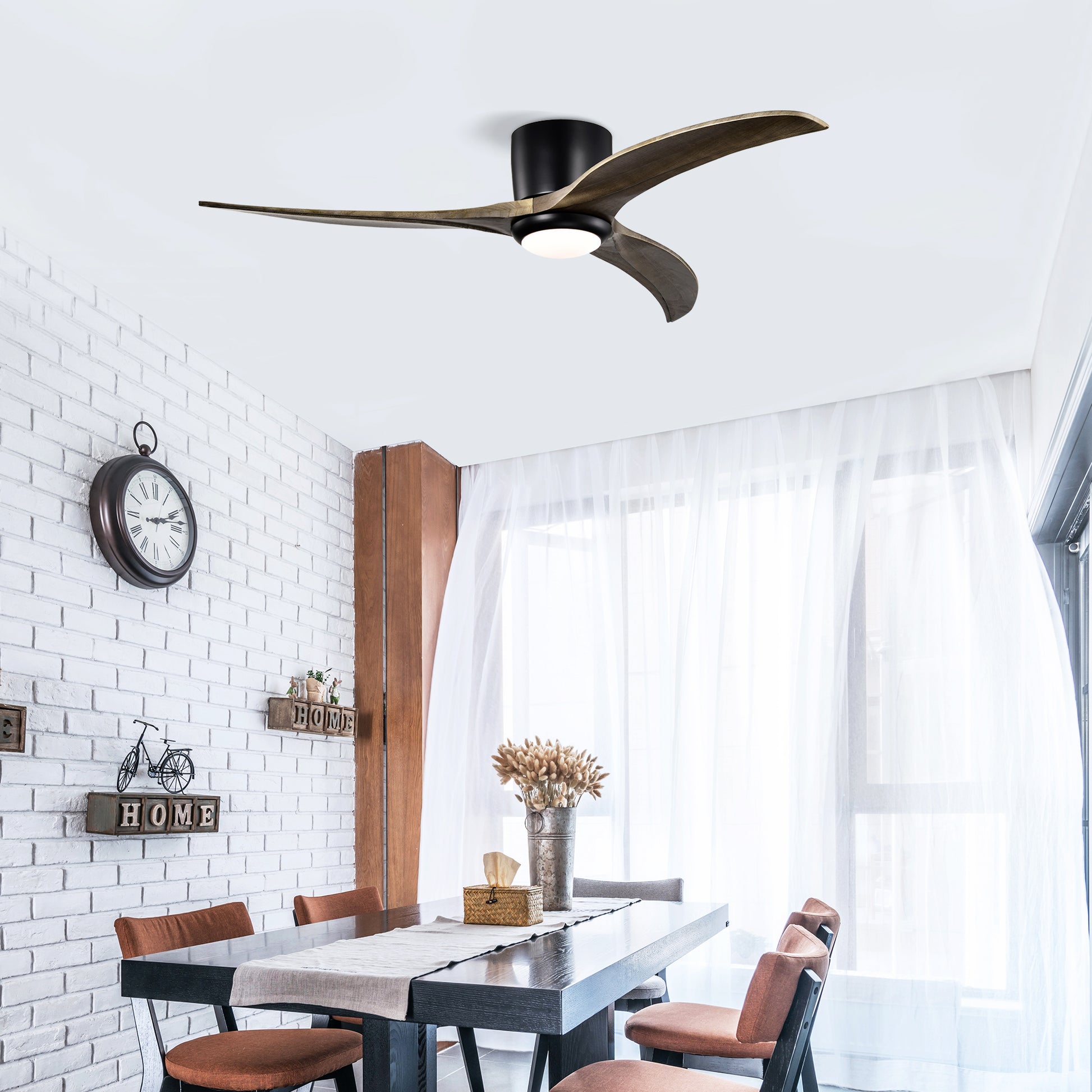 52" Solid Wood Flush Mount Ceiling Fan with Lights - Matte Black