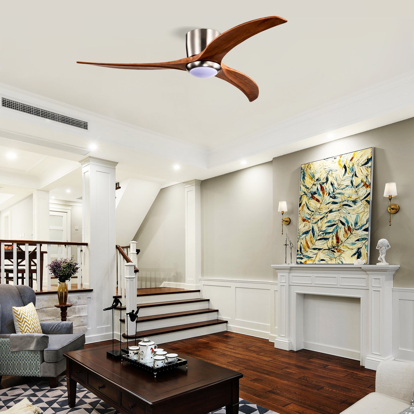 52" Flush Mount Fan Light - Solid Wood Blades, Remote Control