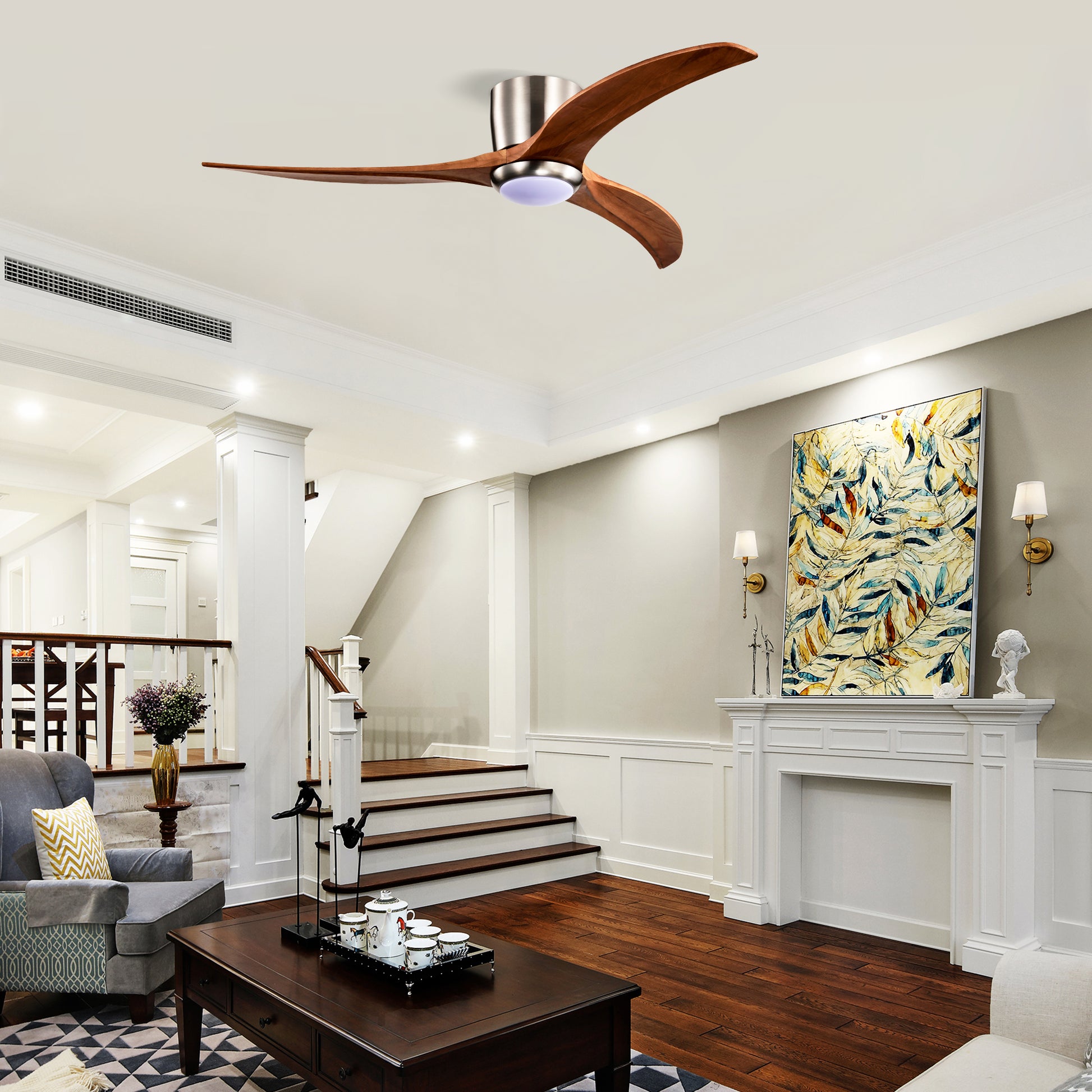 52" Flush Mount Fan Light - Solid Wood Blades, Remote Control