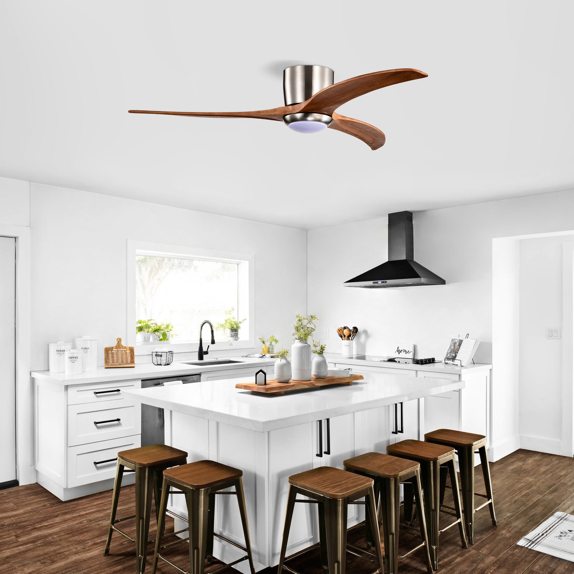 52" Flush Mount Fan Light - Solid Wood Blades, Remote Control