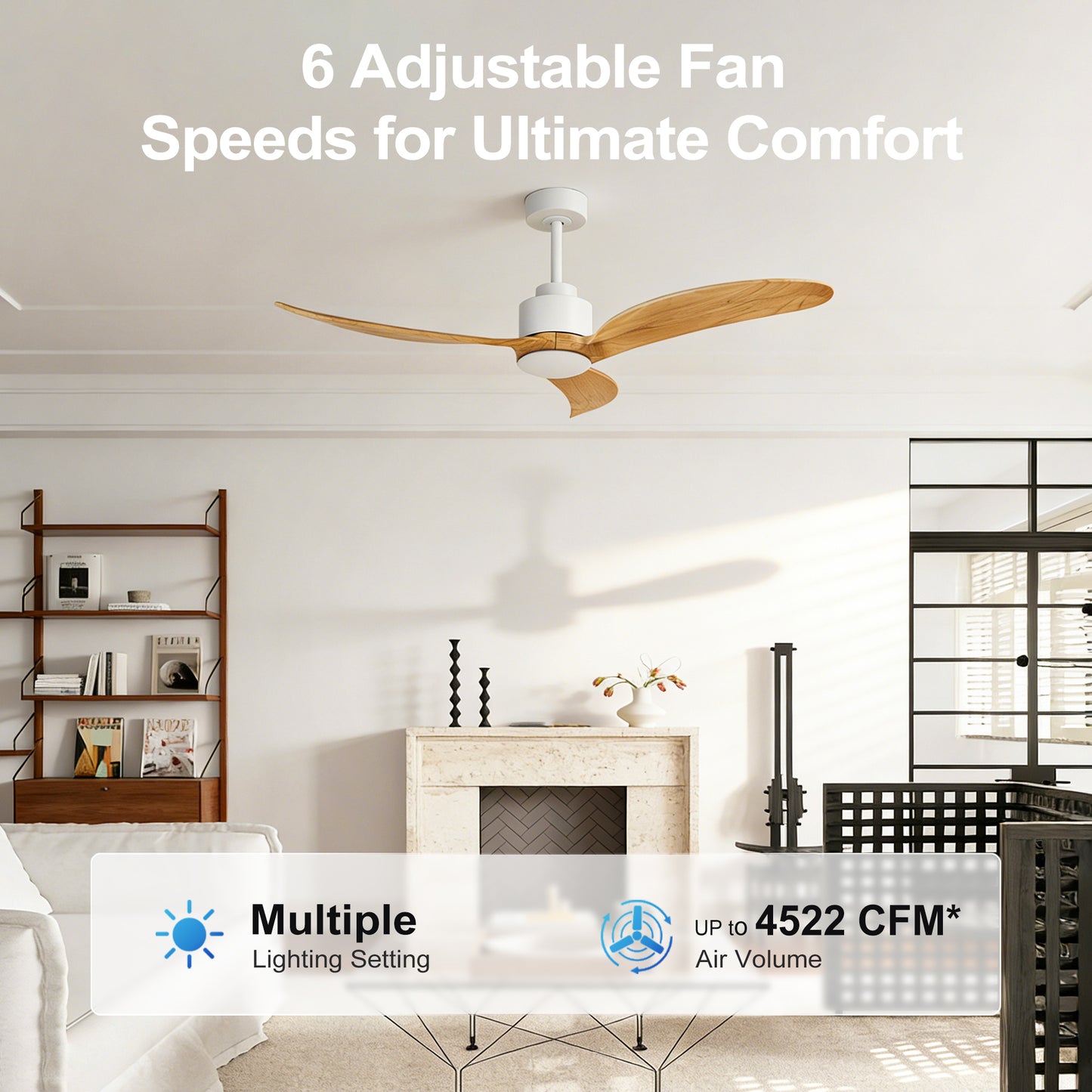 52" Ceiling Fan with Remote Control, Quiet DC Motor & Adjustable Height Rods -