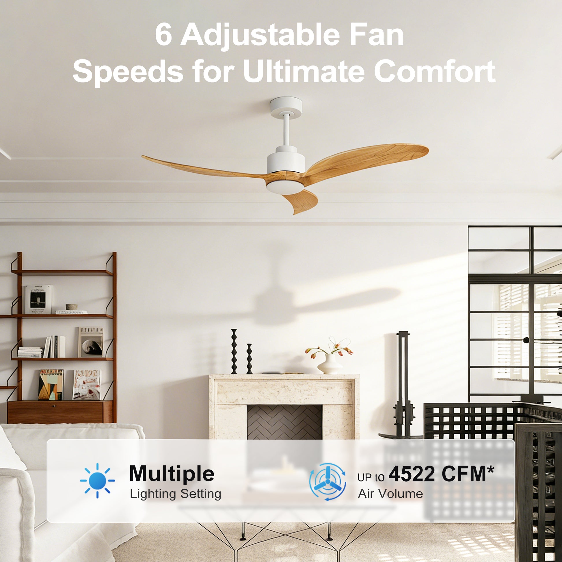 52" Ceiling Fan with Remote Control, Quiet DC Motor & Adjustable Height Rods -