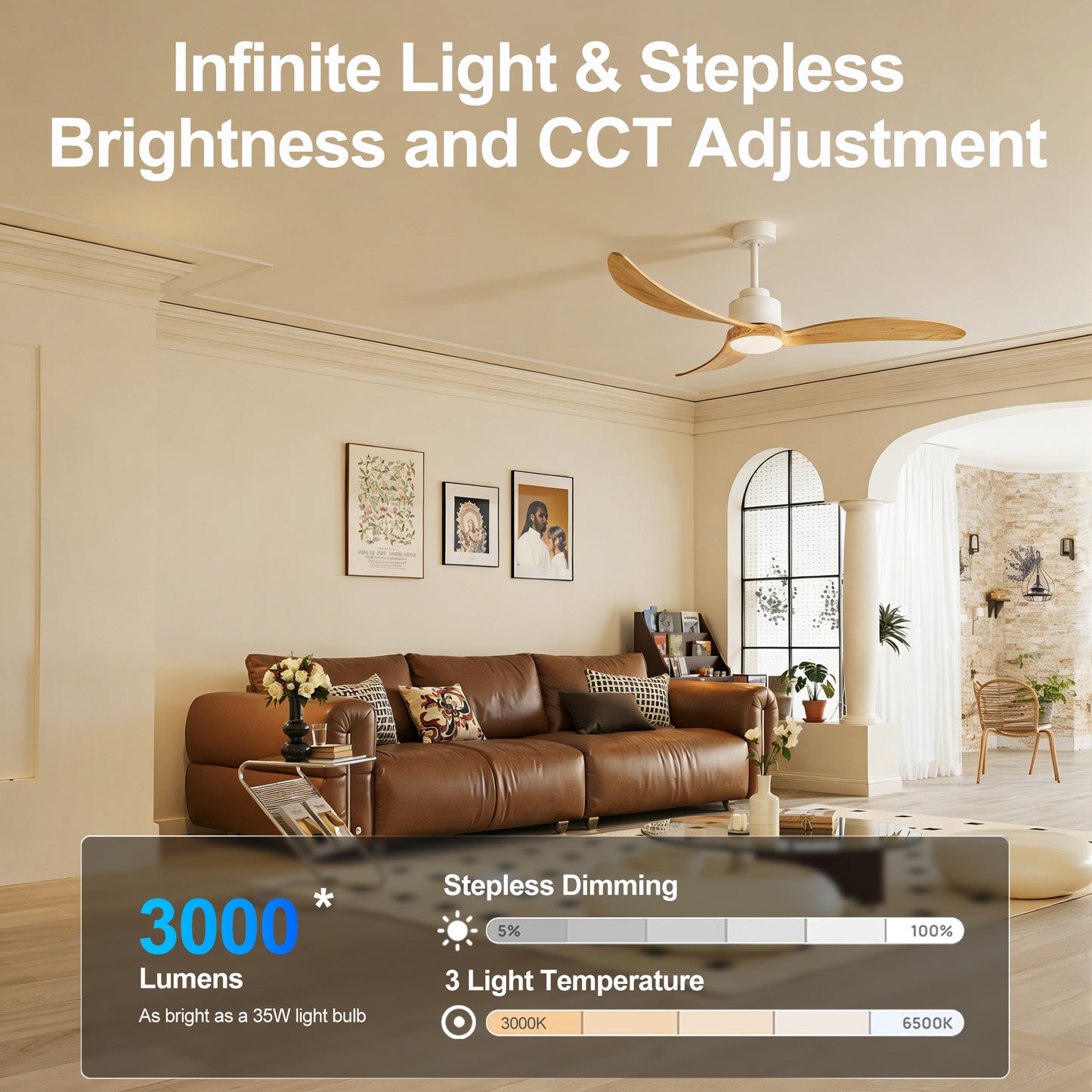 52" Ceiling Fan with Remote Control, Quiet DC Motor & Adjustable Height Rods -