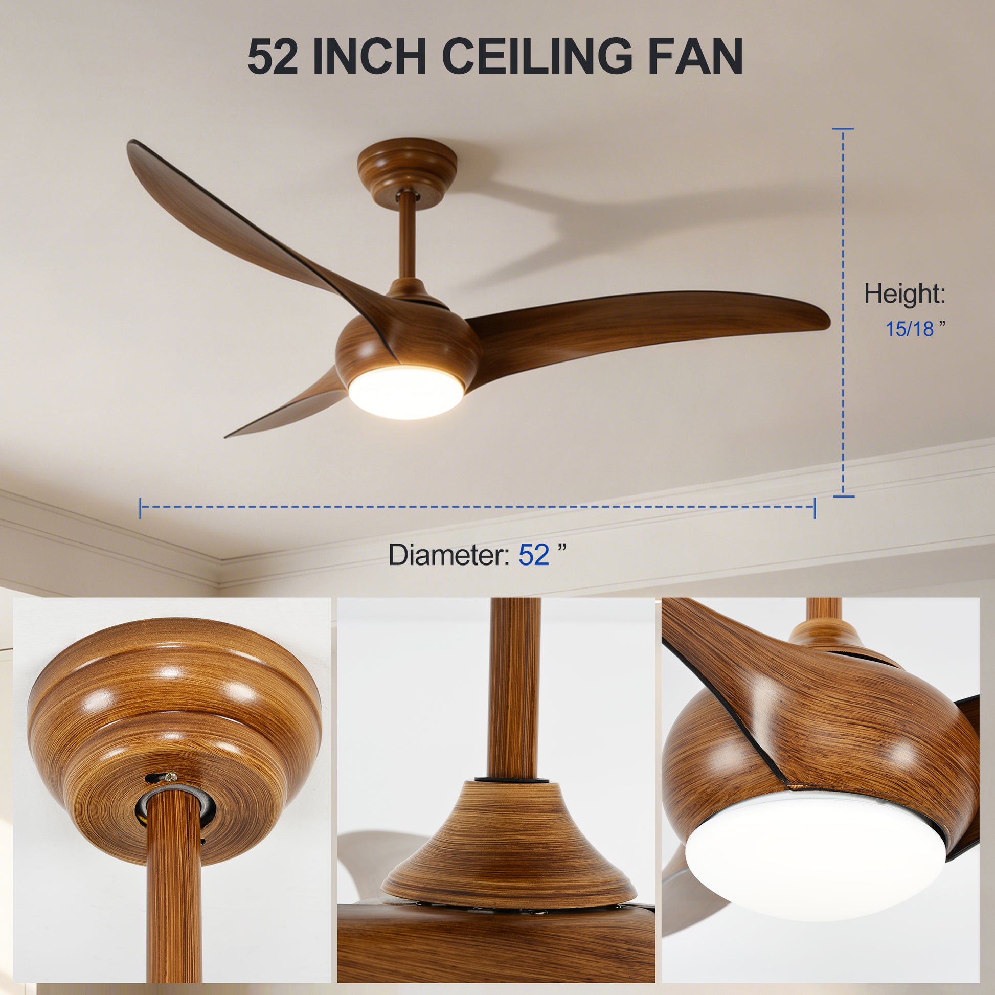 52" Ceiling Fan with LED Light - Quiet DC Motor, Wood Blades