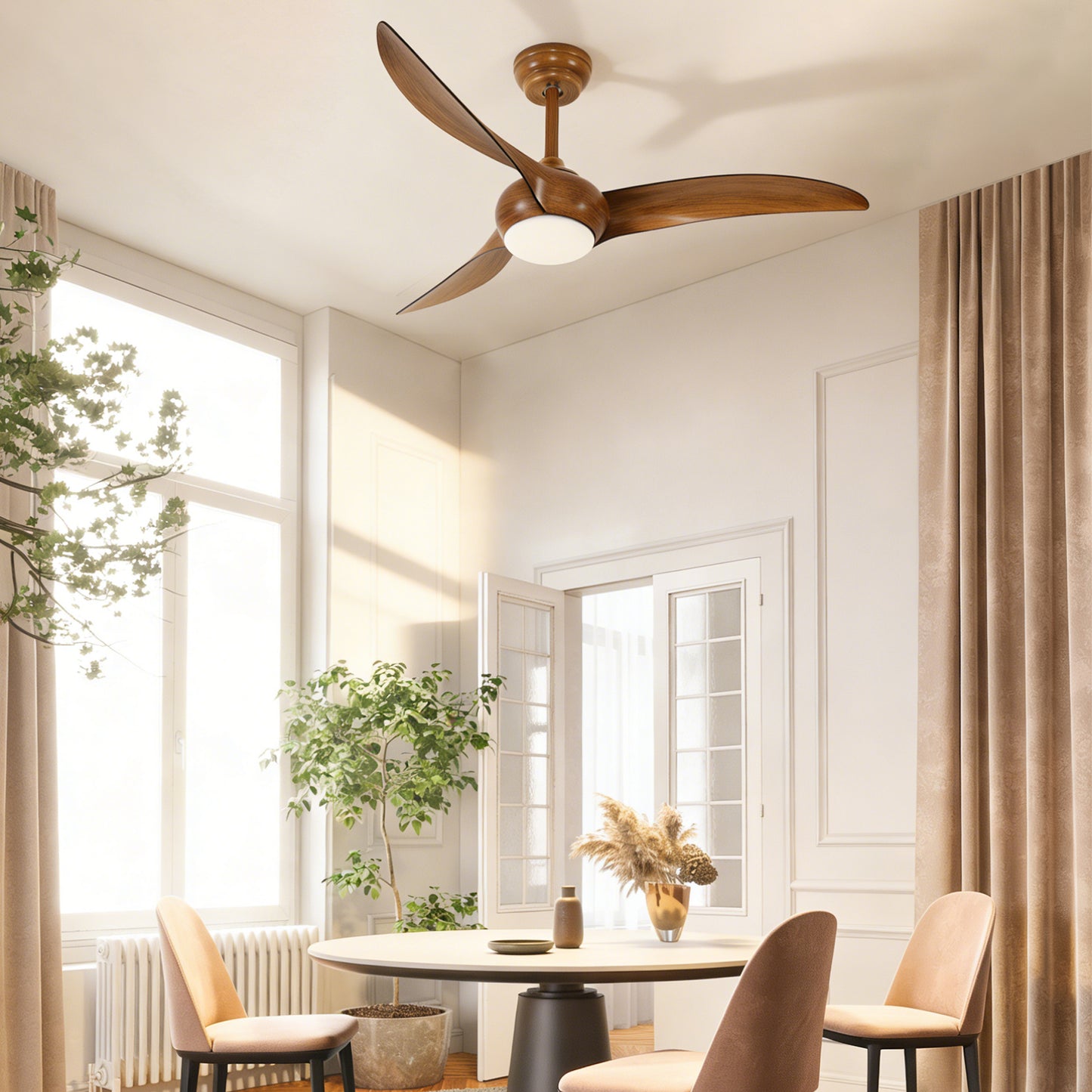 52" Ceiling Fan with LED Light - Quiet DC Motor, Wood Blades