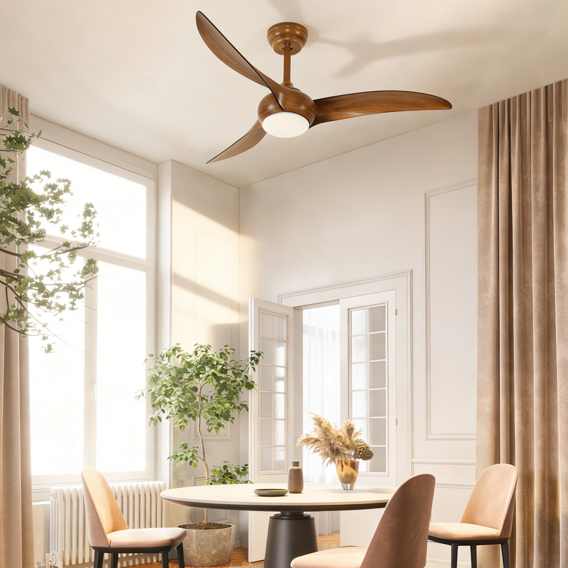 52" Ceiling Fan with LED Light - Quiet DC Motor, Wood Blades