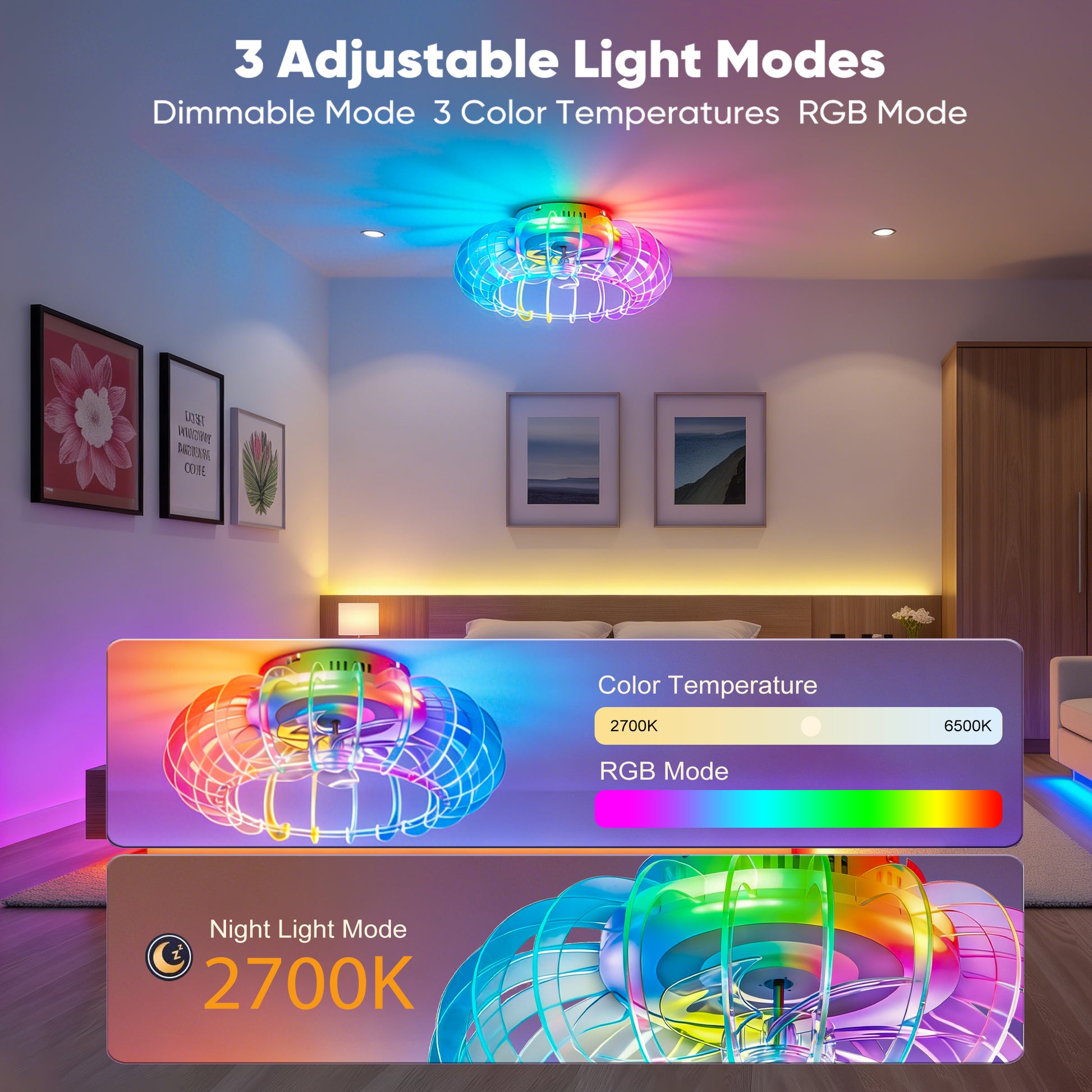 21 Inch White Bladeless Ceiling Fan with RGB Lights