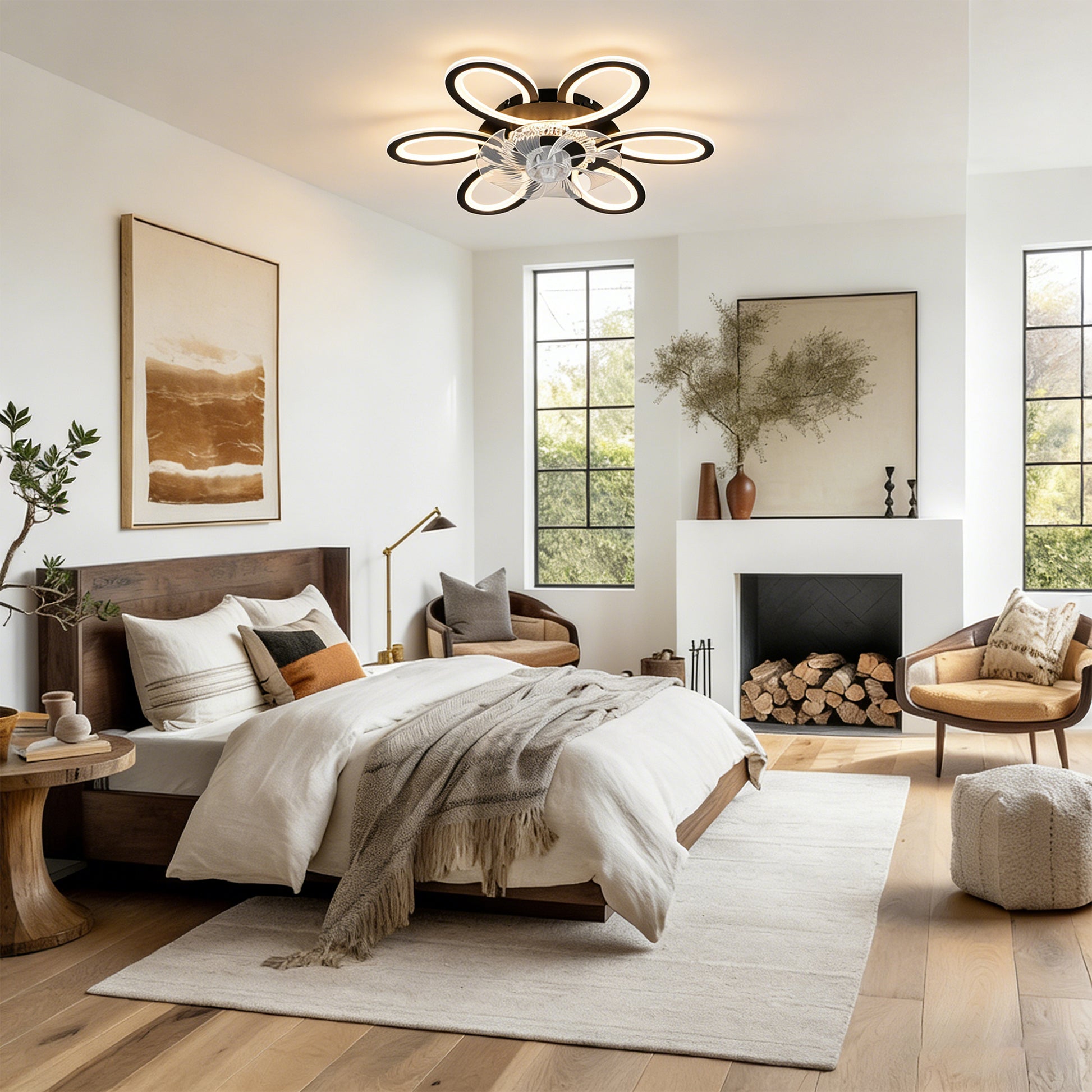 Black Geometric Ceiling Fan with Lights - 6 Speeds