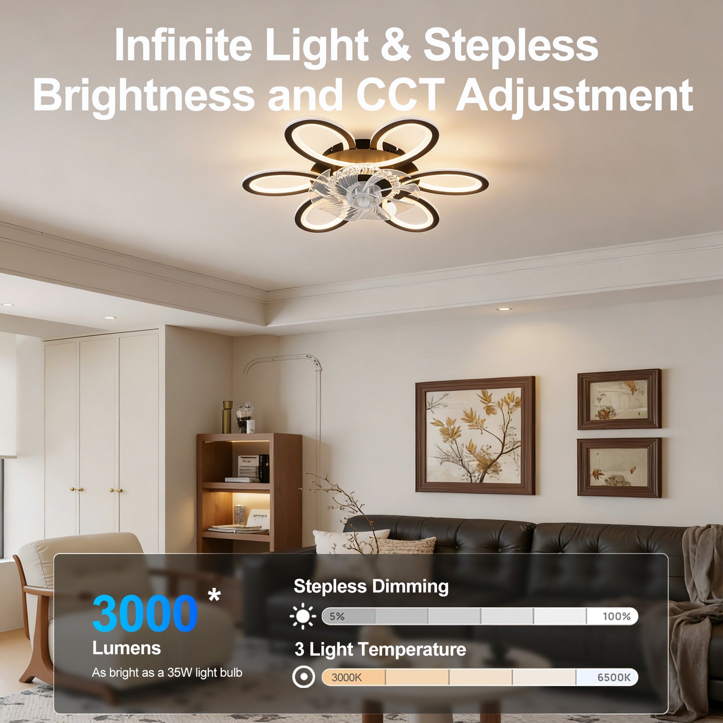 Black Geometric Ceiling Fan with Lights - 6 Speeds