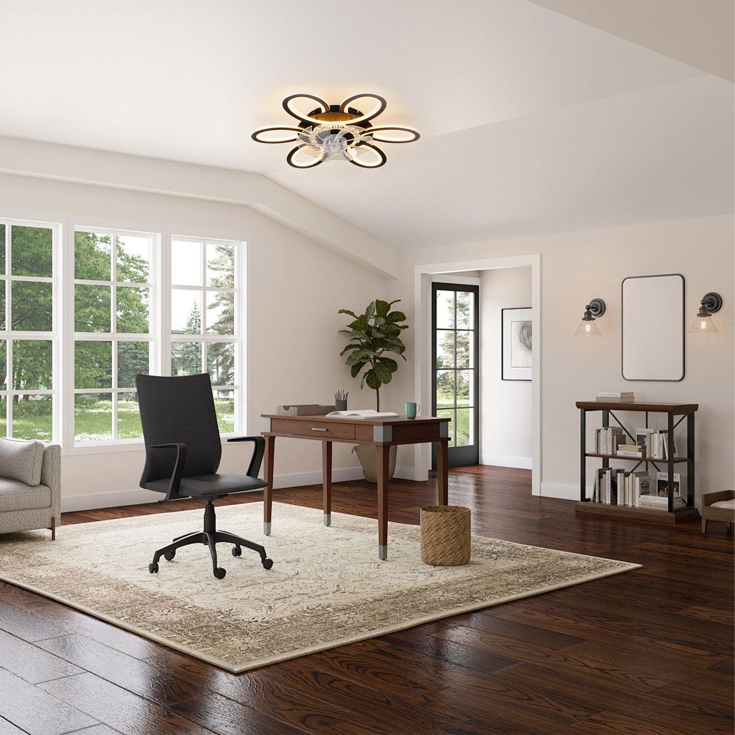 Black Geometric Ceiling Fan with Lights - 6 Speeds