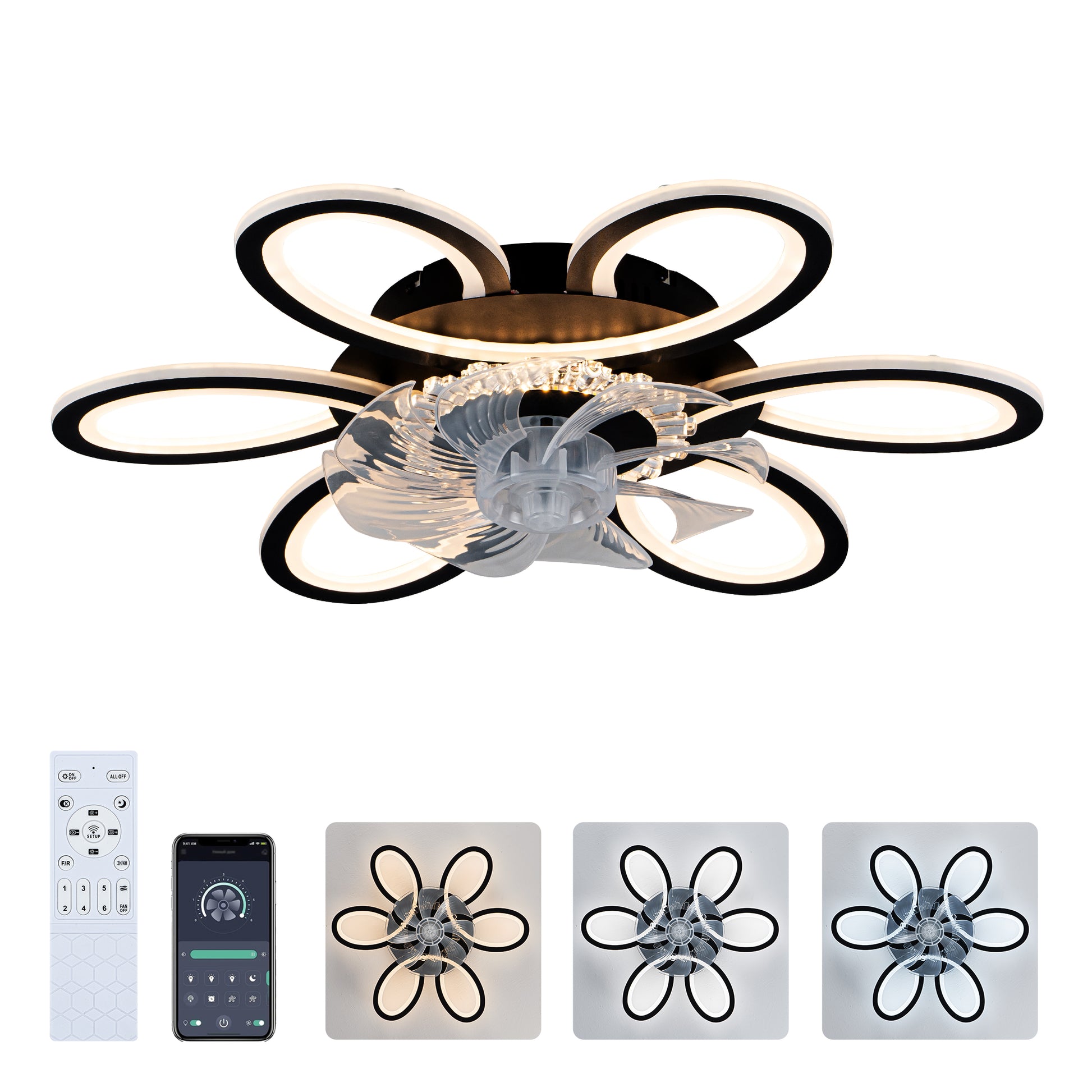 5 PCS Blades Ceiling Fan with Lights Remote Control.APP, 25" Black, 6 Speeds 3 Light Color Low Profile Flush Mount Ceiling Fan for Kitchen Bedroom