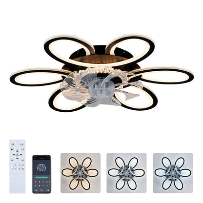 5 PCS Blades Ceiling Fan with Lights Remote Control.APP, 25" Black, 6 Speeds 3 Light Color Low Profile Flush Mount Ceiling Fan for Kitchen Bedroom